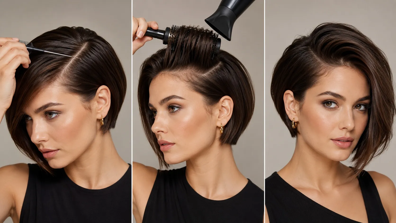 Three-panel hairstyle tutorial showing a woman creating a deep side part with a rat-tail comb, adding root volume with a round brush and hairdryer, and revealing the finished asymmetrical short bob.