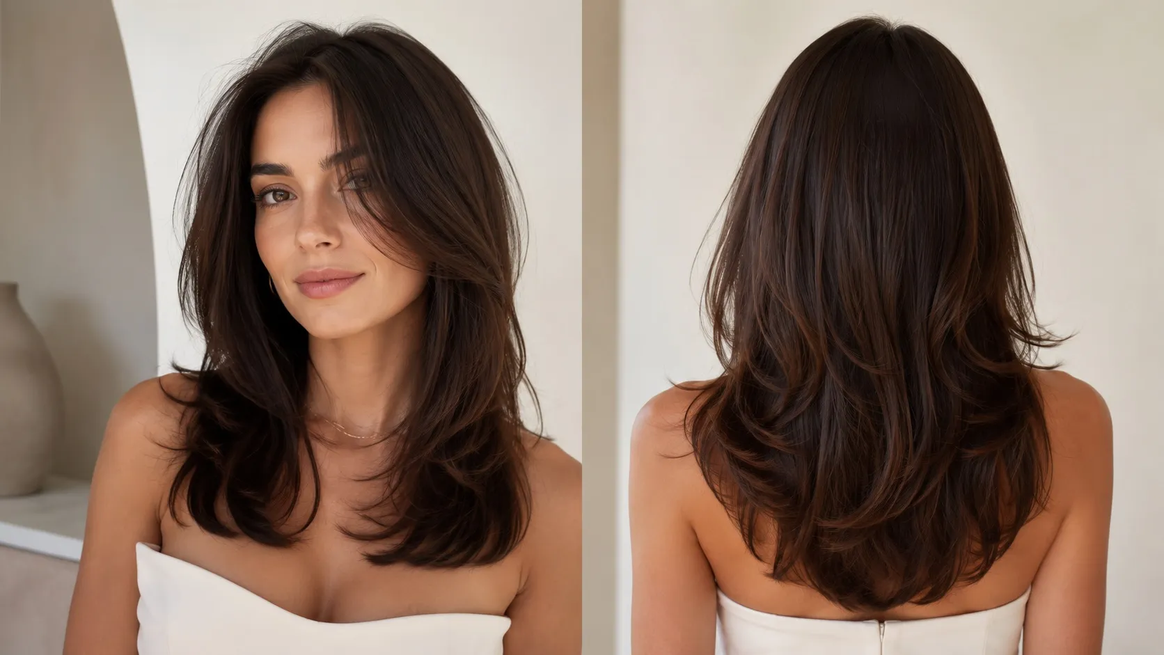 A woman showcasing a voluminous, medium-length dark brown layered haircut from the front and back.