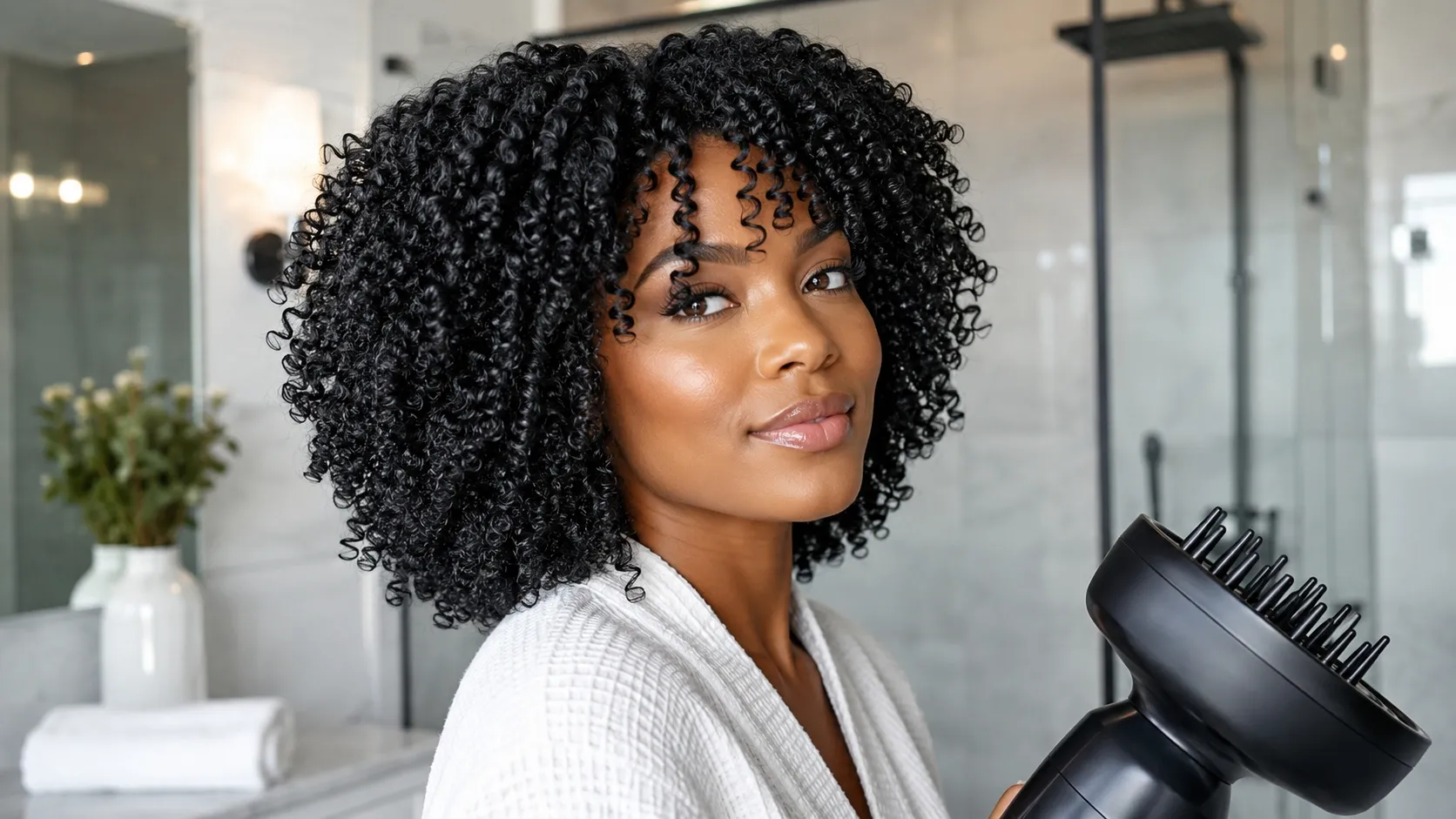 Black woman with glossy, defined natural curls holding a hair diffuser in a modern bathroom.