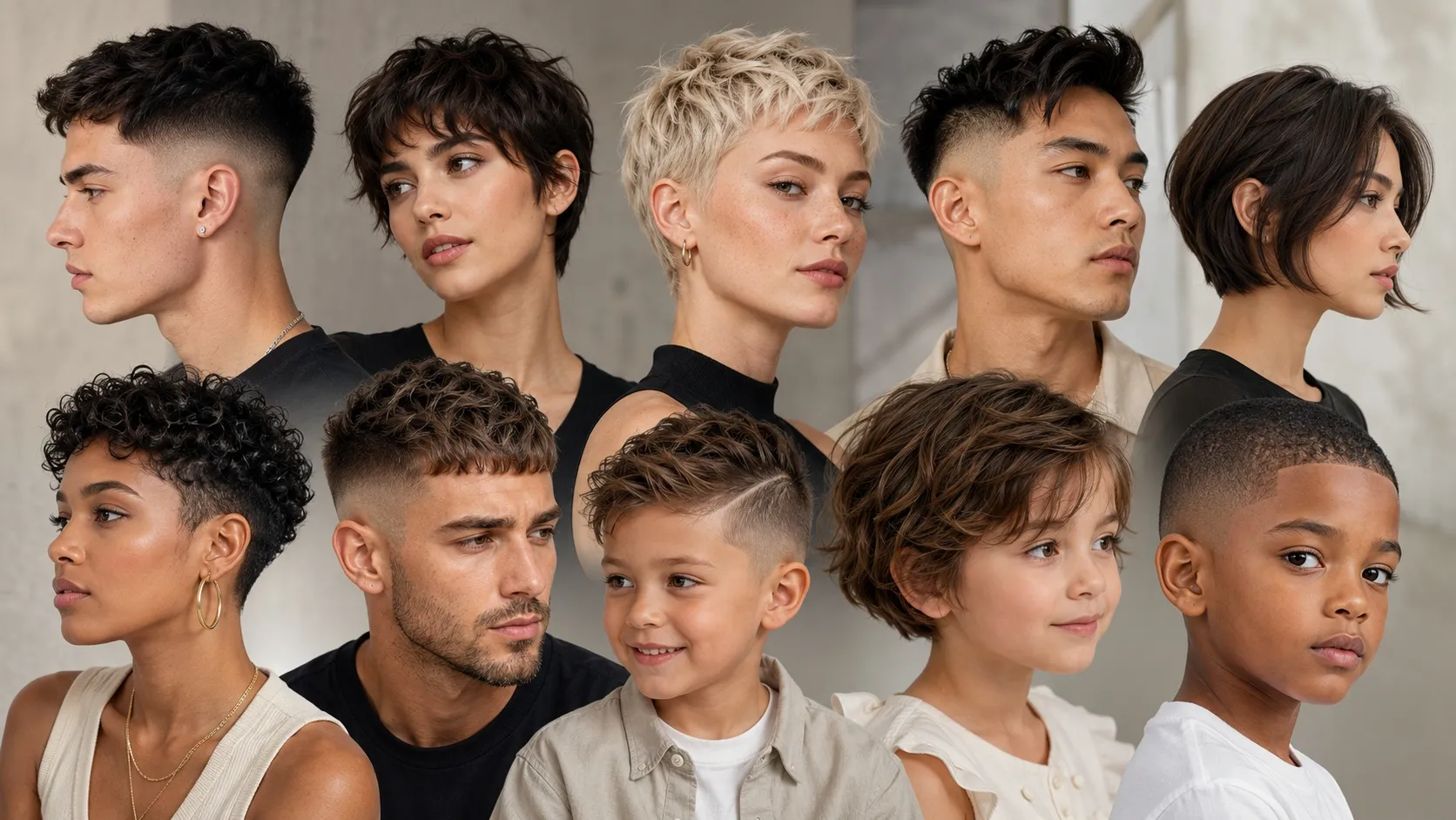 A diverse group of men, women, and children showcasing modern short hairstyles, including fades, pixie cuts, bobs, and textured crops.