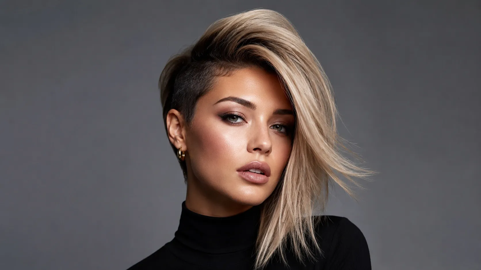 Woman with a dramatic asymmetrical bixie haircut, featuring one closely cropped side and a long, voluminous blonde side swept across her face.