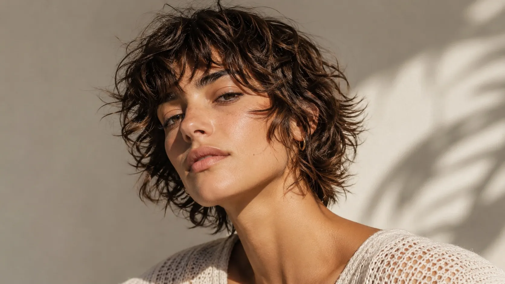 A woman with a short, tousled brown shag haircut featuring choppy layers, soft waves, wispy bangs, and textured ends.