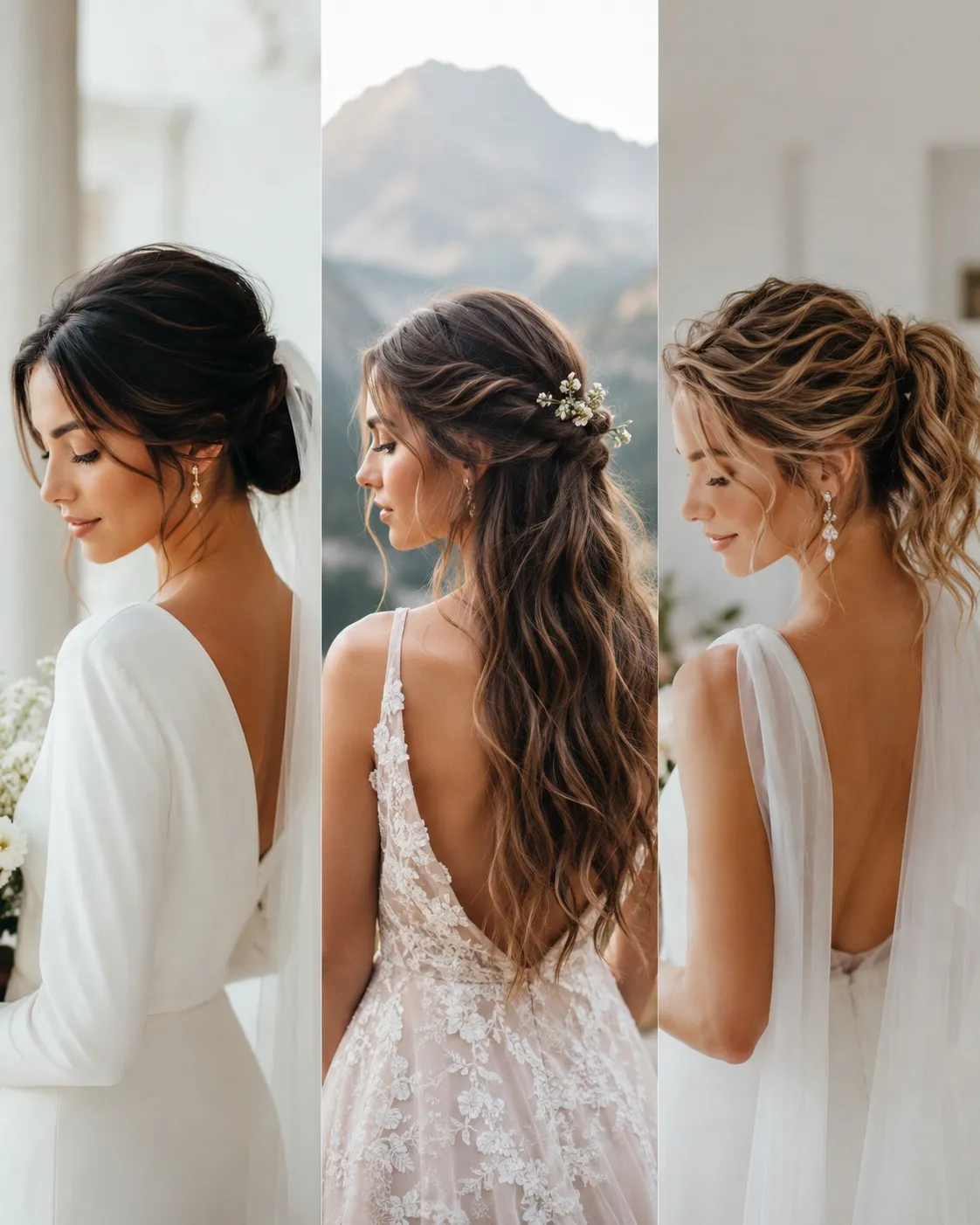 A three-panel bridal image featuring a soft low bun, a romantic half-up hairstyle with delicate flowers, and a textured wavy ponytail.
