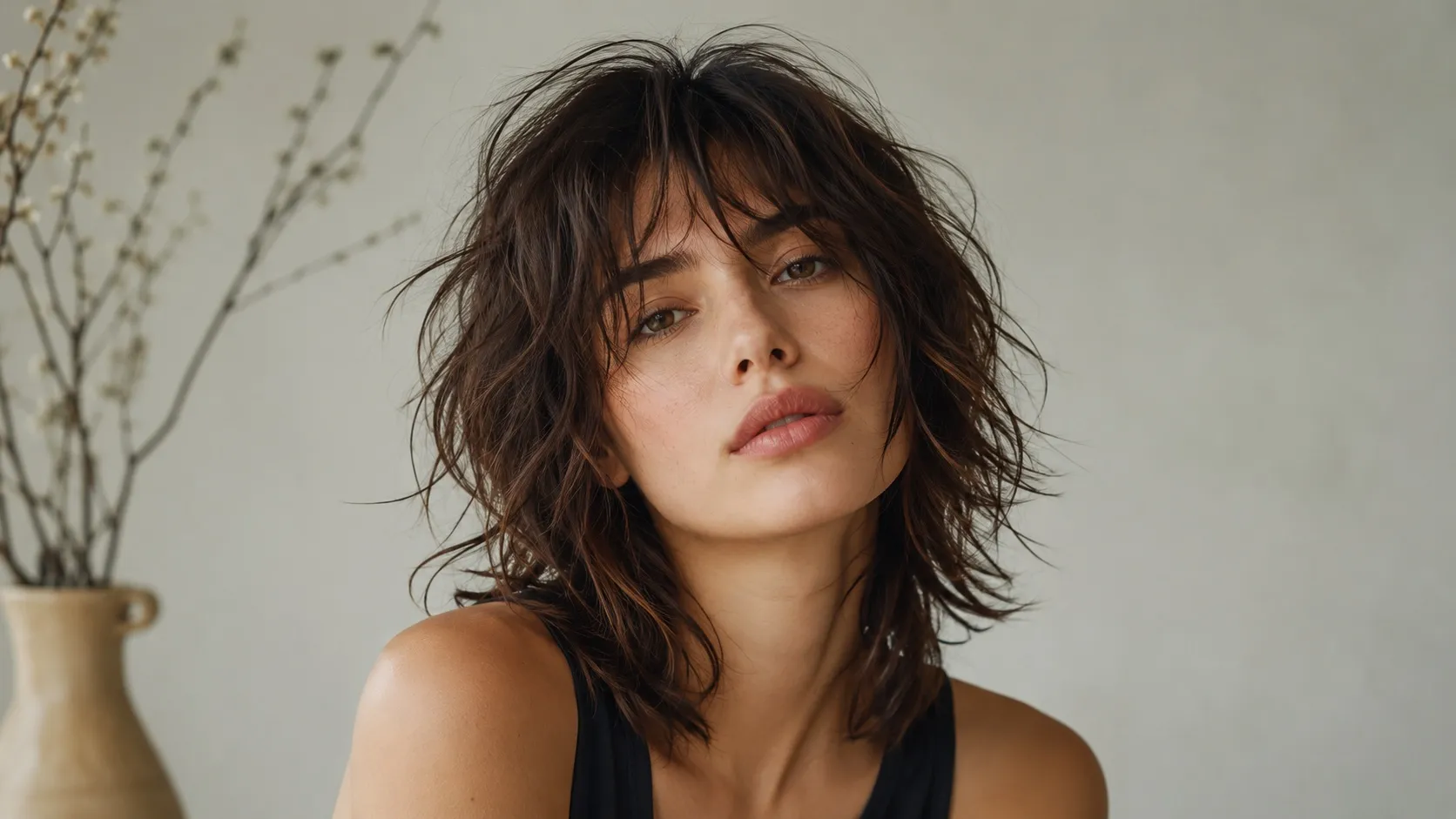 Young woman with tousled, naturally wavy brown hair styled in a soft, textured bedhead look against a neutral background.