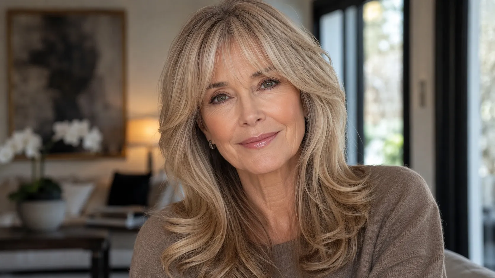 A stylish 68-year-old woman with long, softly layered blonde-gray hair and curtain bangs, smiling gently in a warmly lit modern living room.