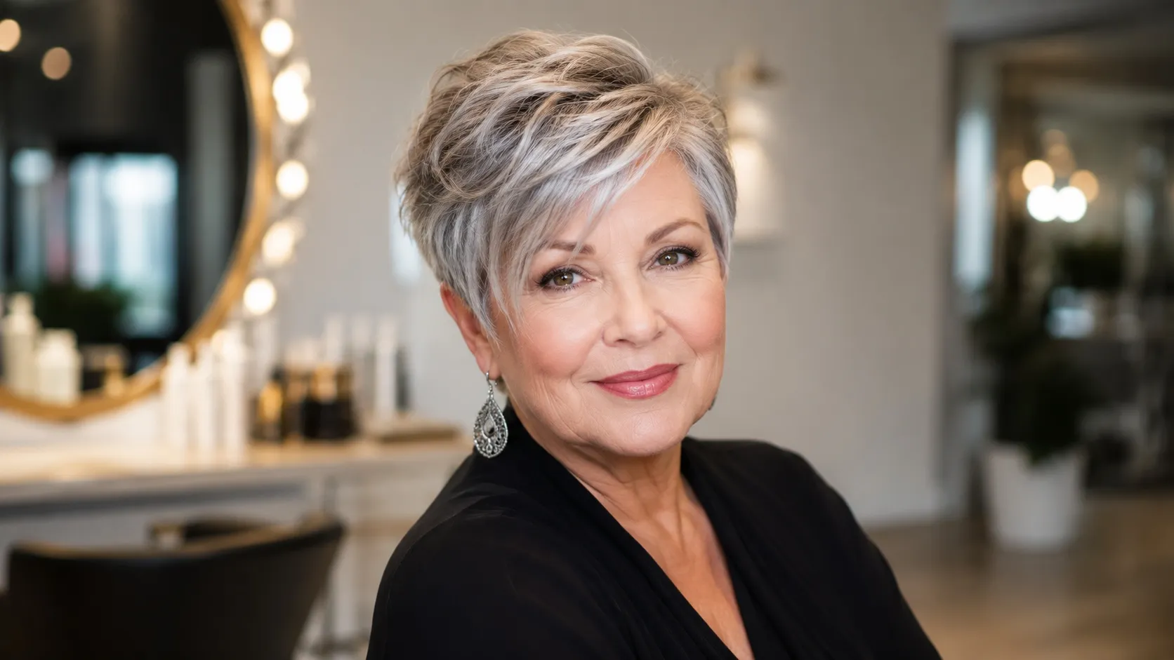 A stylish woman in her mid-60s with a round face, wearing a short silver asymmetrical pixie haircut with side-swept layers and added volume at the crown, seated in a modern salon.