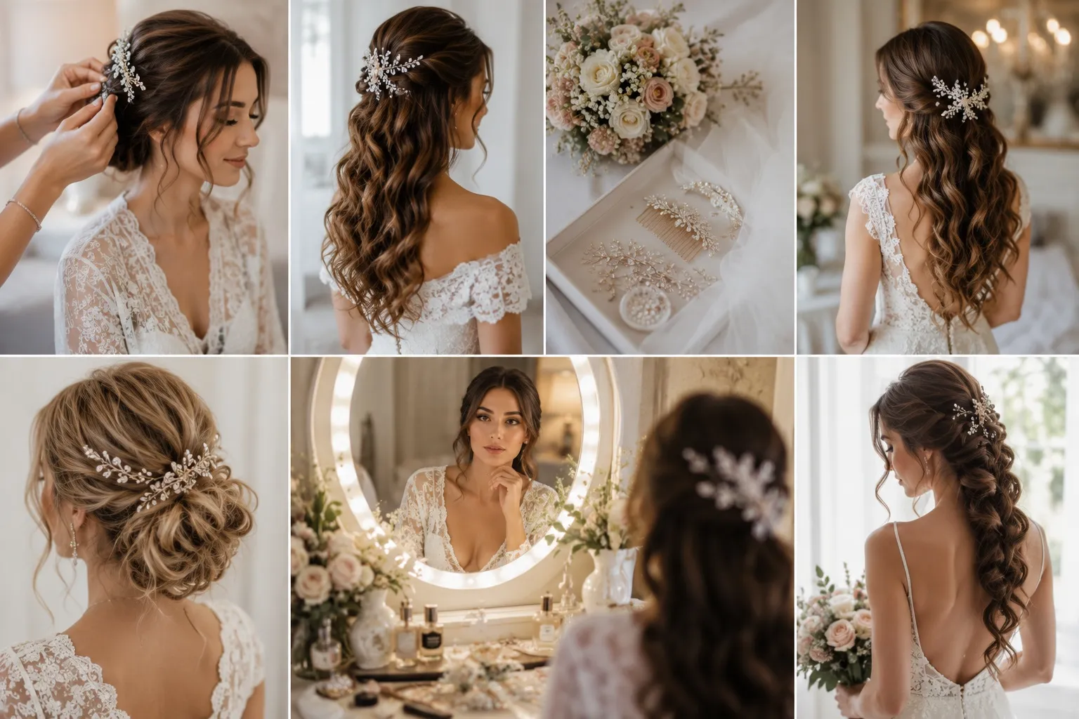 A beautiful bridal inspiration collage capturing the morning prep session, featuring delicate silver and pearl hair accessories alongside romantic half-up wavy hairstyles, low textured buns, and modern bubble braid updos.