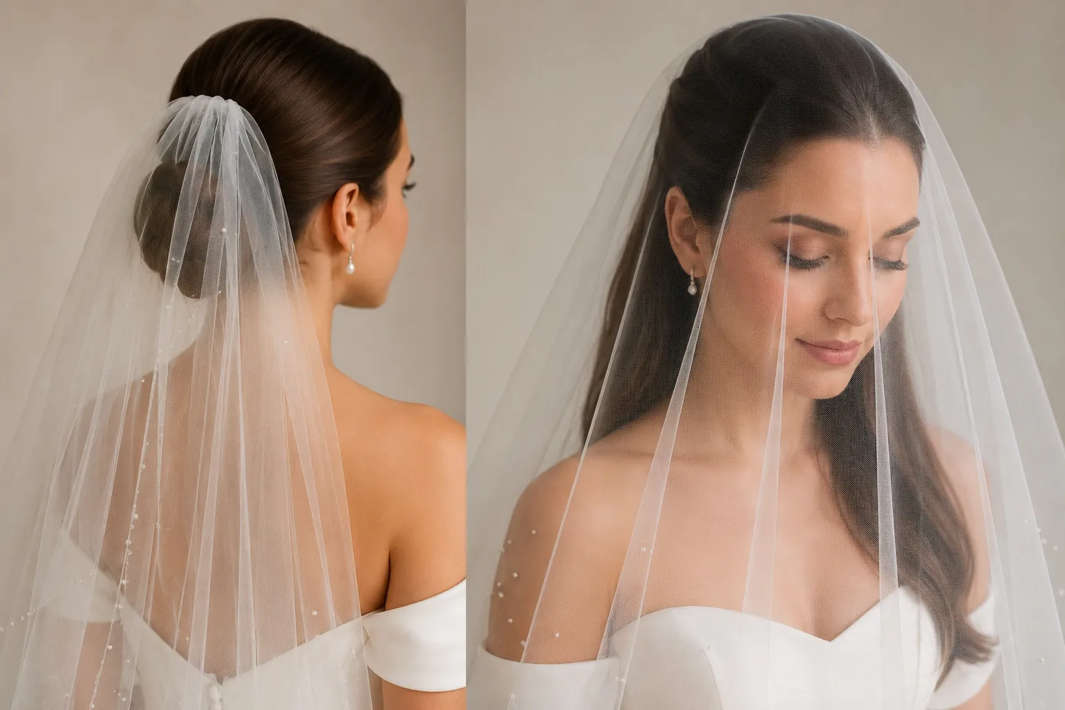 Bride wearing a smooth low bun and sleek half-up hairstyle with a tulle wedding veil, demonstrating hairstyles that allow the veil to flip over the face and back without snagging.