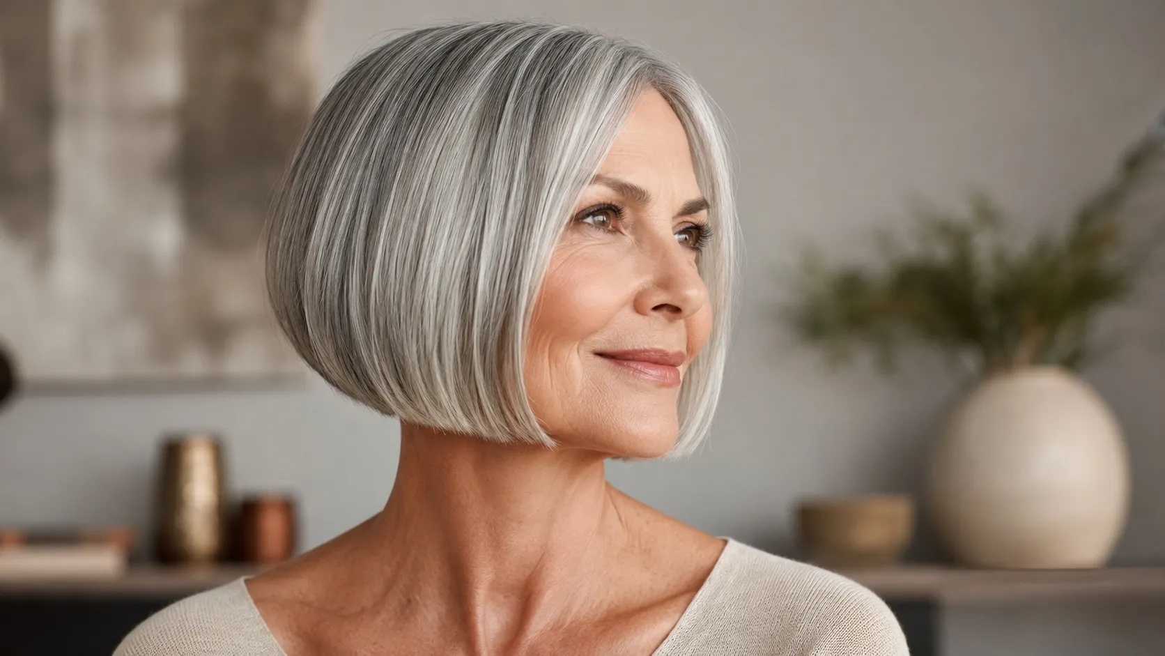 Stylish senior woman with a sleek, chin-length silver-grey bob haircut in a softly lit modern interior.
