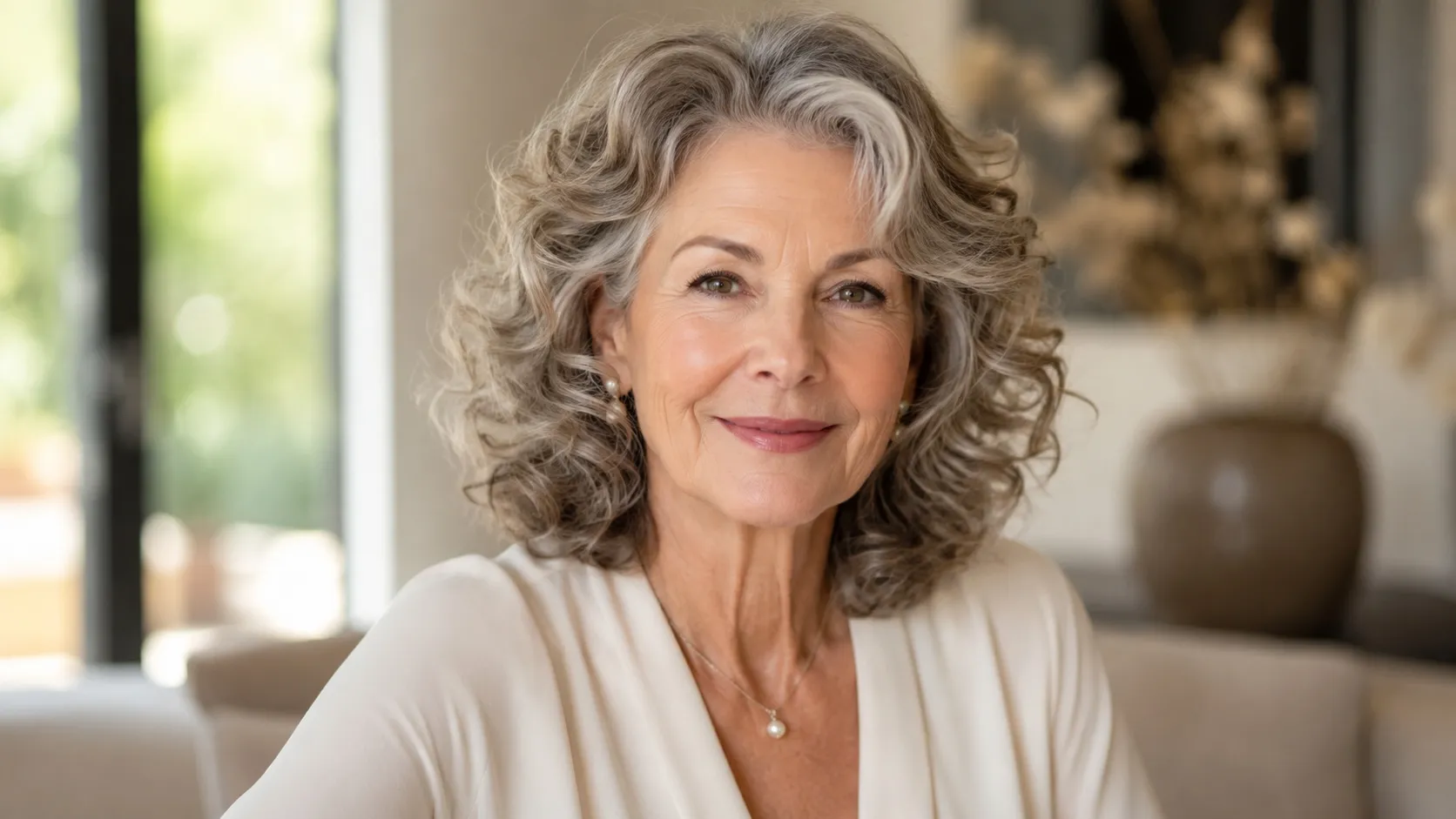 A confident woman over 60 with voluminous gray curly hair, wearing an elegant cream blouse in a softly lit modern interior.