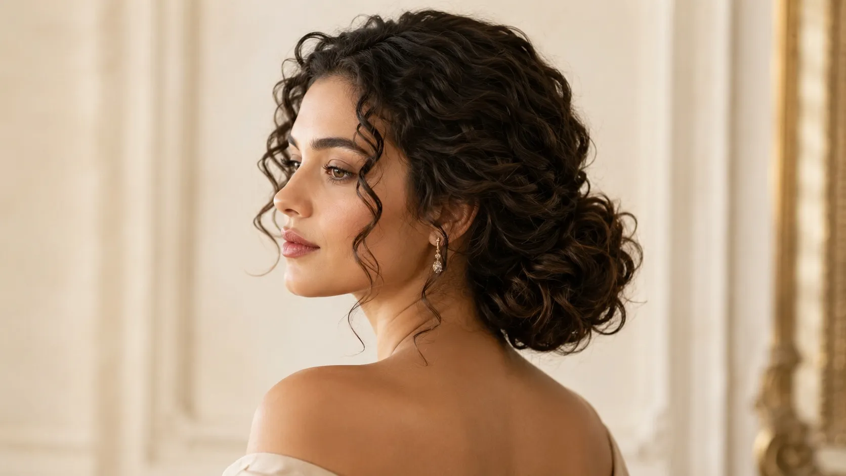 A woman wearing a loose, textured curly low bun with soft curls framing her face in an elegant formal hairstyle.