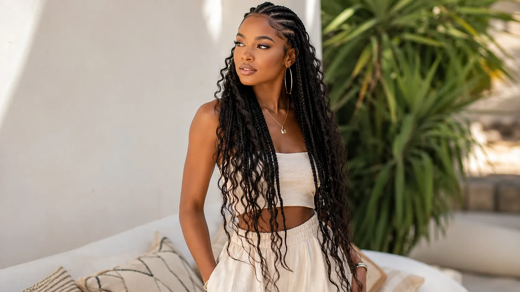 Beautiful woman wearing long goddess braids with precise cornrows and loose bohemian curls in a bright outdoor setting.
