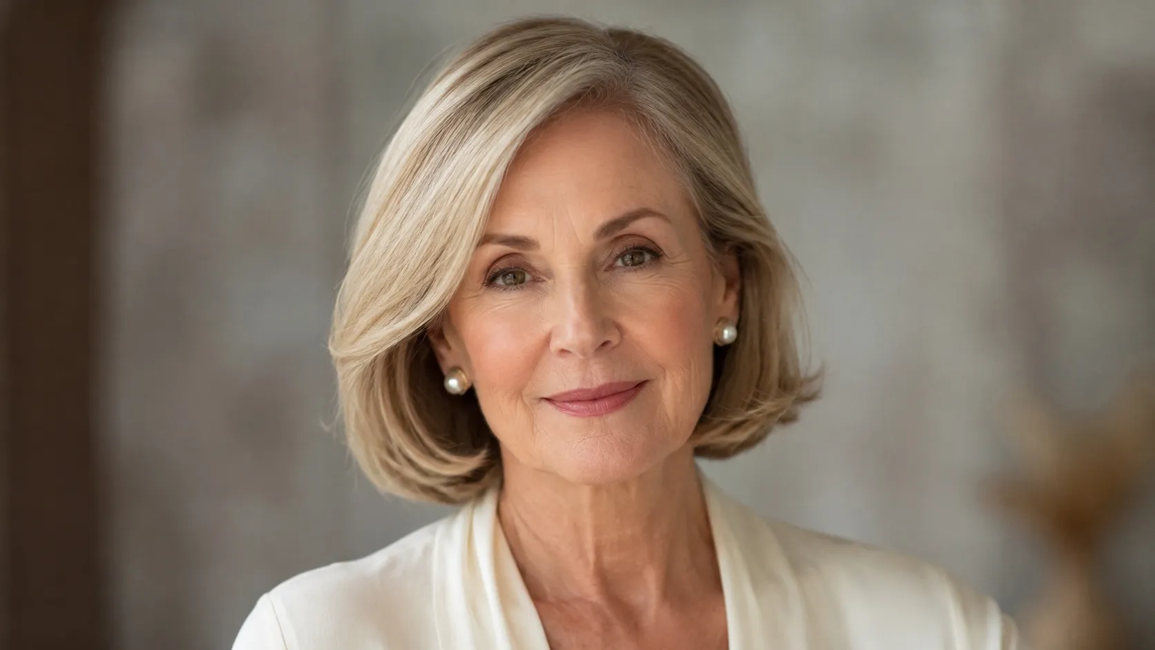 Portrait of an elegant woman over 60 with a heart-shaped face and a side-parted, chin-length blonde bob with softly flipped-out ends.