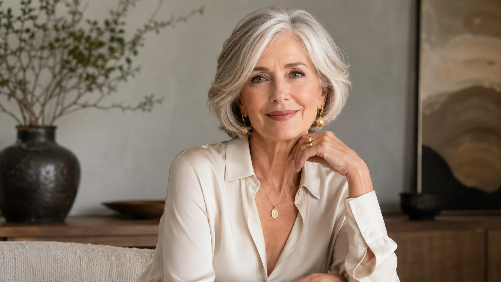 Stylish woman over 60 with an oval face and a softly layered silver bob hairstyle, posing in a modern interior.