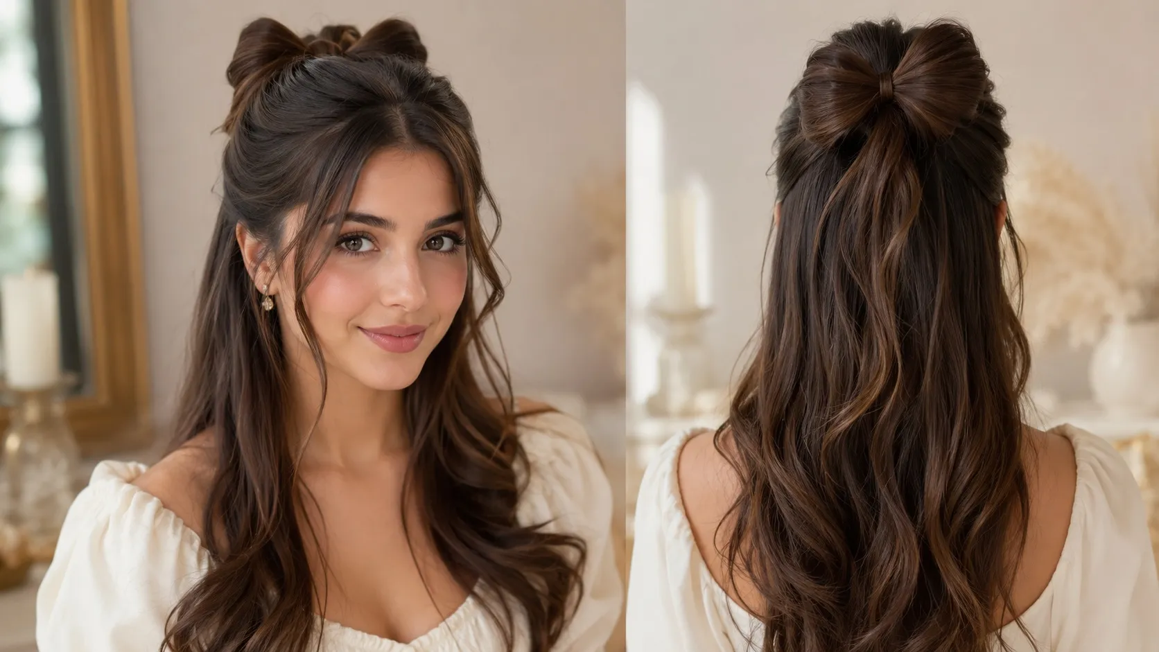 Woman wearing an elegant half-up bow hairstyle with long, soft, wavy brown hair shown from the front and back.
