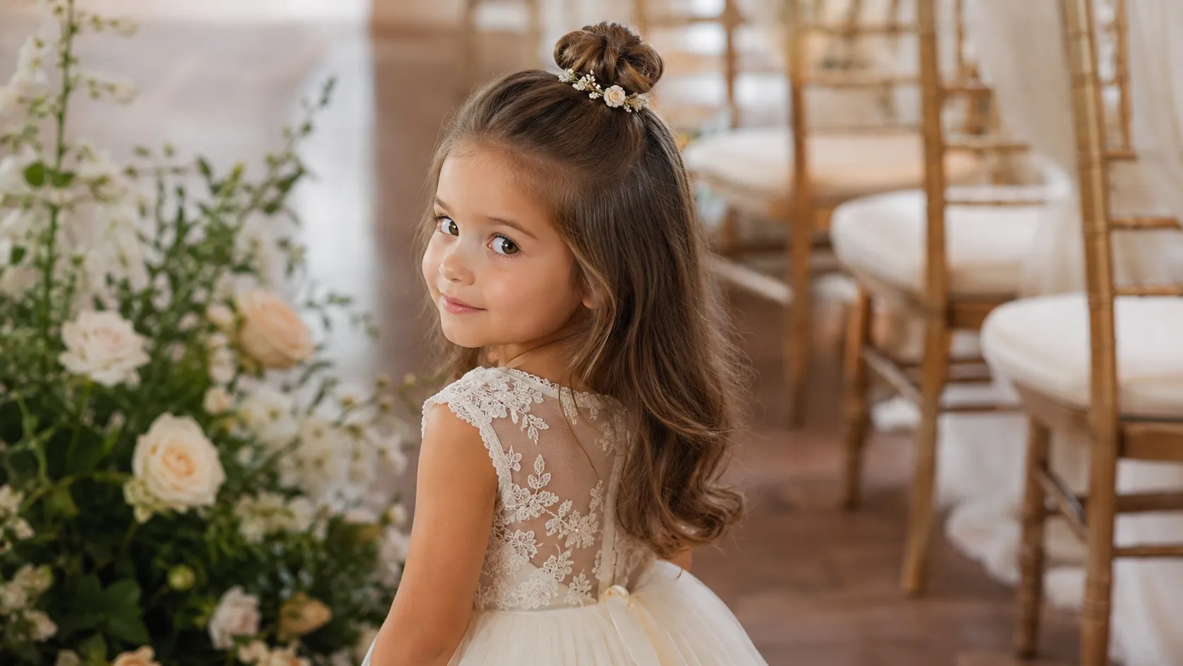 A young flower girl wearing an ivory lace dress with long brown hair styled in a soft half-up bun decorated with tiny flowers at an elegant wedding venue.