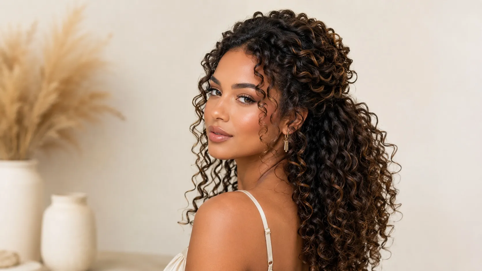 A woman wearing an elegant half-up curly updo with softly volumized hair at the crown and long, defined curls cascading over her shoulders.