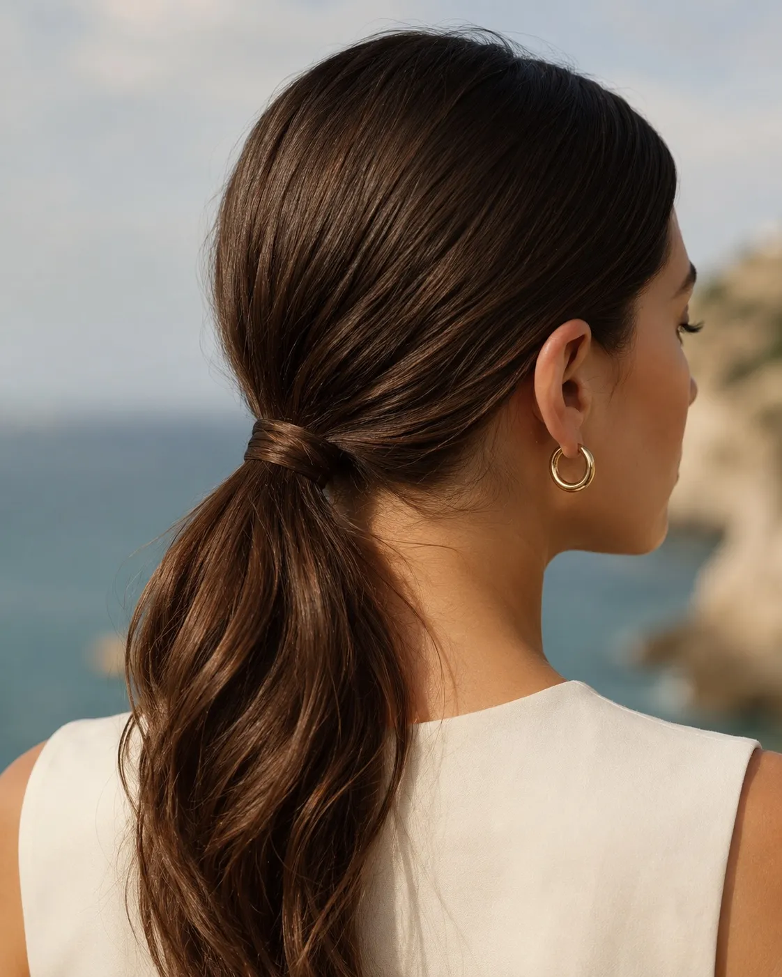 Woman wearing a sleek low ponytail with hair wrapped neatly around the base, photographed outdoors by the coast.