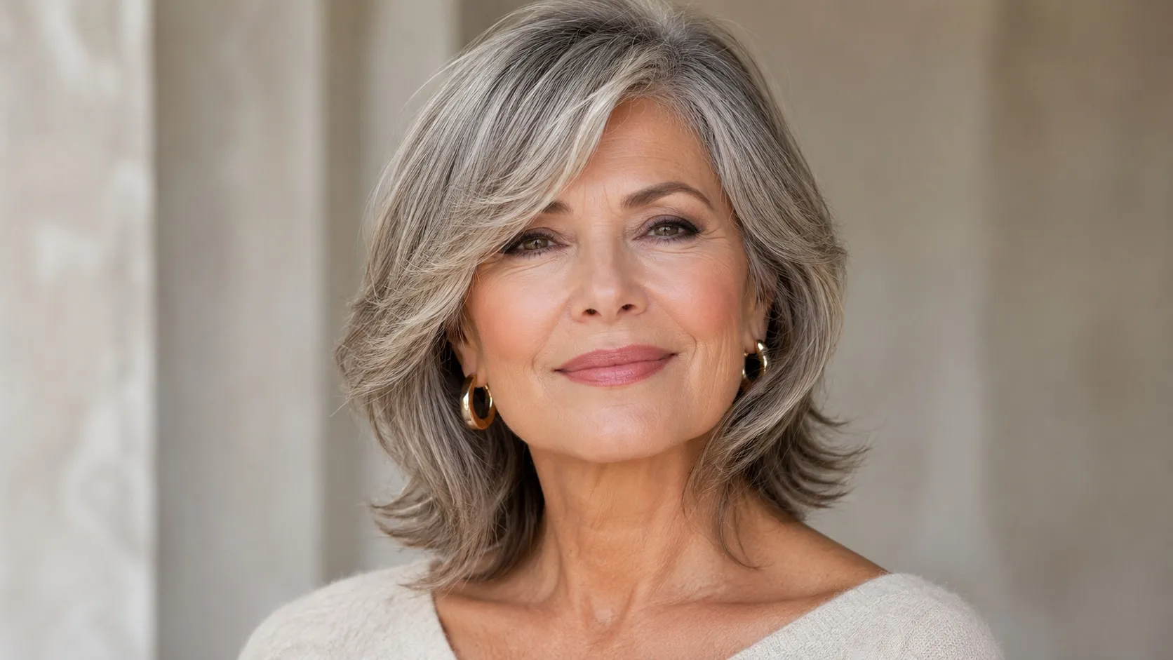 A confident woman over 65 with a square face shape, wearing a soft medium-length layered hairstyle with side-swept bangs and wispy feathered ends.