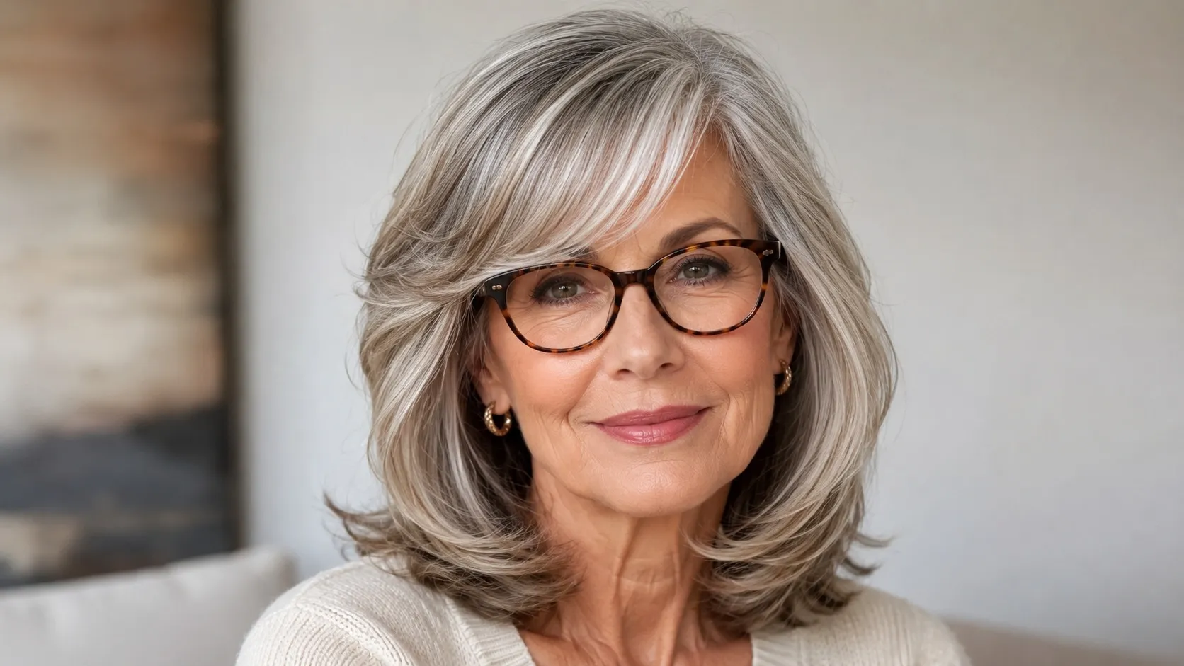 A stylish woman over 60 wearing glasses, with shoulder-length silver hair and soft side-swept bangs, smiling gently in natural indoor lighting.