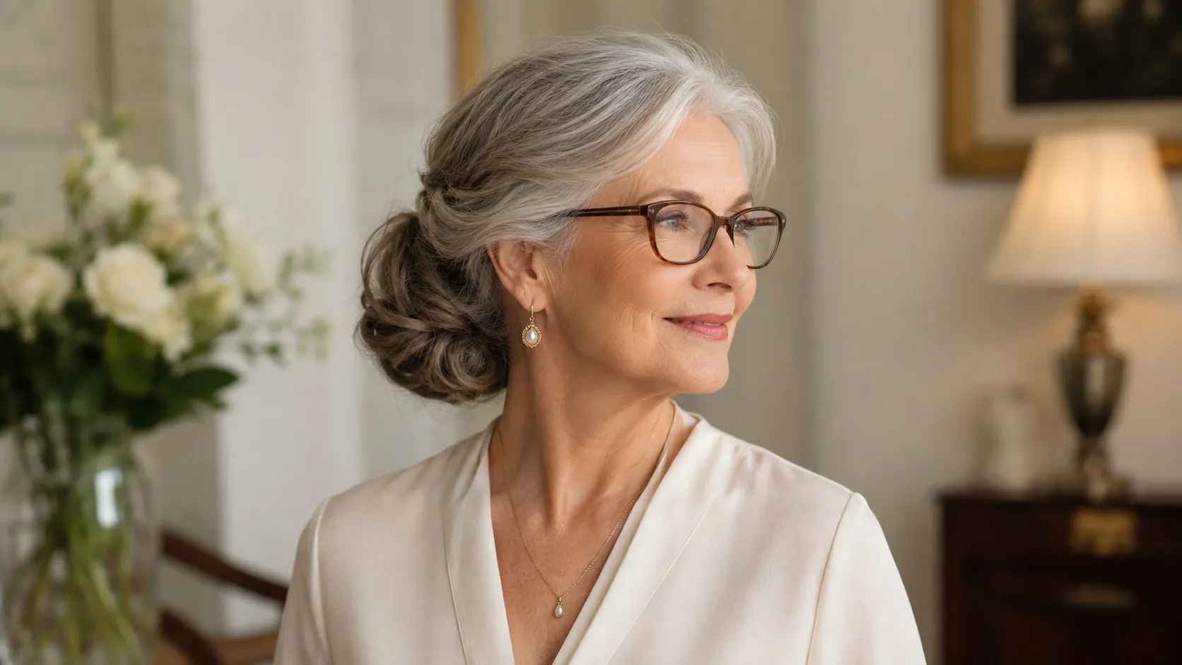 Elegant woman over 65 wearing glasses, with silver hair styled in a soft polished low chignon.