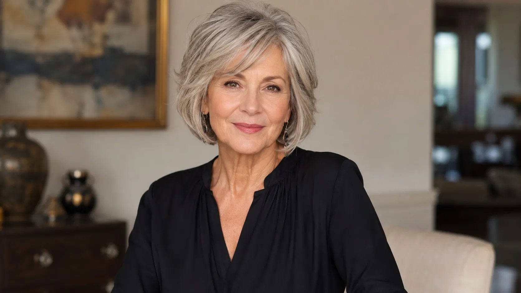 A confident older woman with short, layered silver hair styled in a soft textured bob, wearing a black blouse and smiling gently in an elegant indoor setting.