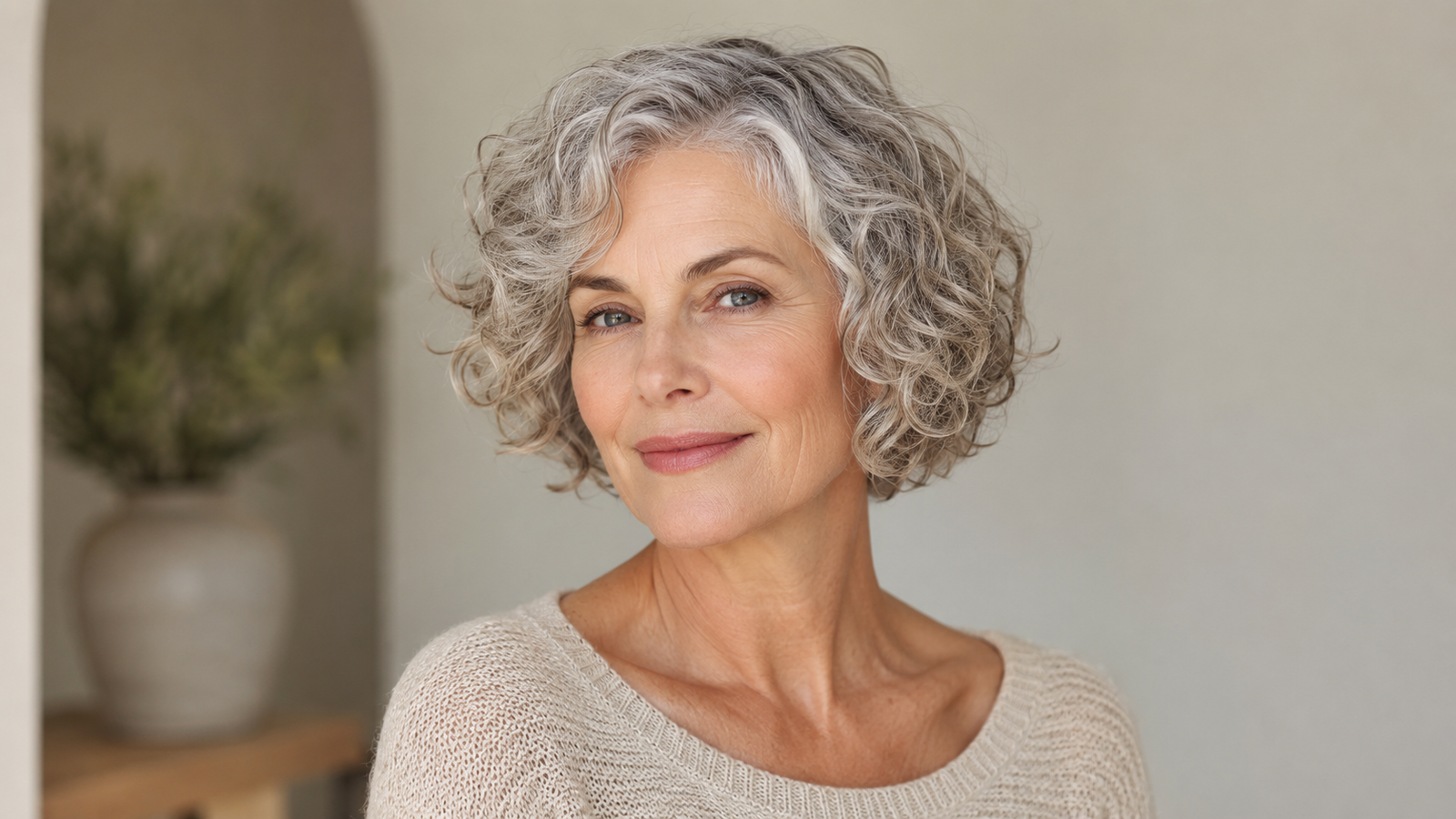 A stylish mature woman with soft silver-gray curls wearing a short, voluminous curly bob that frames her face at the jawline.