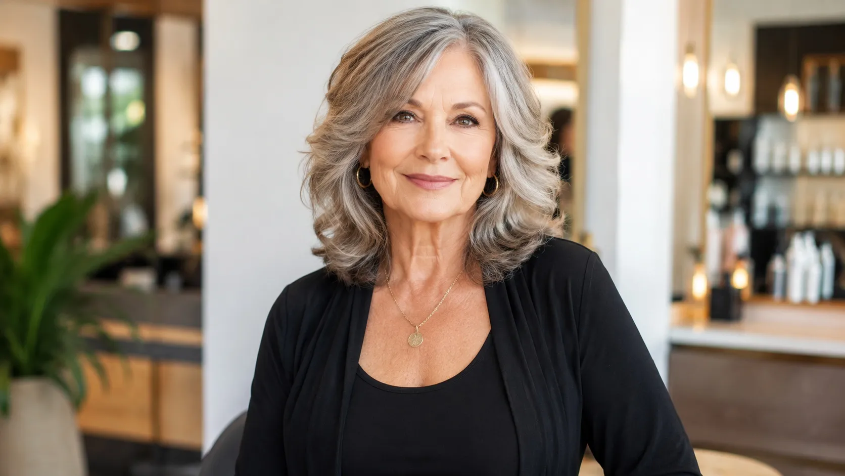 Confident woman over 65 with thick silver-gray hair styled in a soft, shoulder-length layered shag.