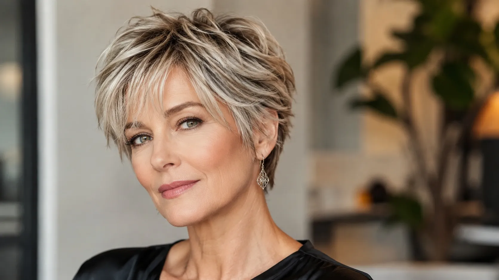 Mature woman with a modern soft layered pixie haircut featuring textured blonde and silver layers.