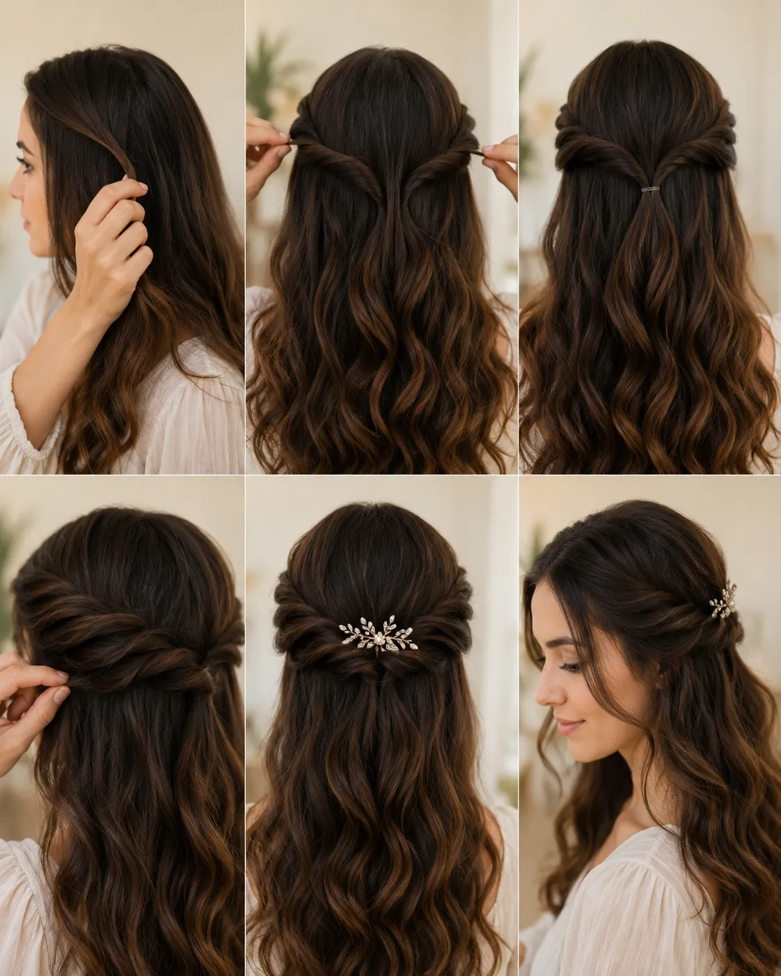 Step-by-step collage showing a woman creating a twisted half-up hairstyle with loose waves and a delicate decorative hair comb.
