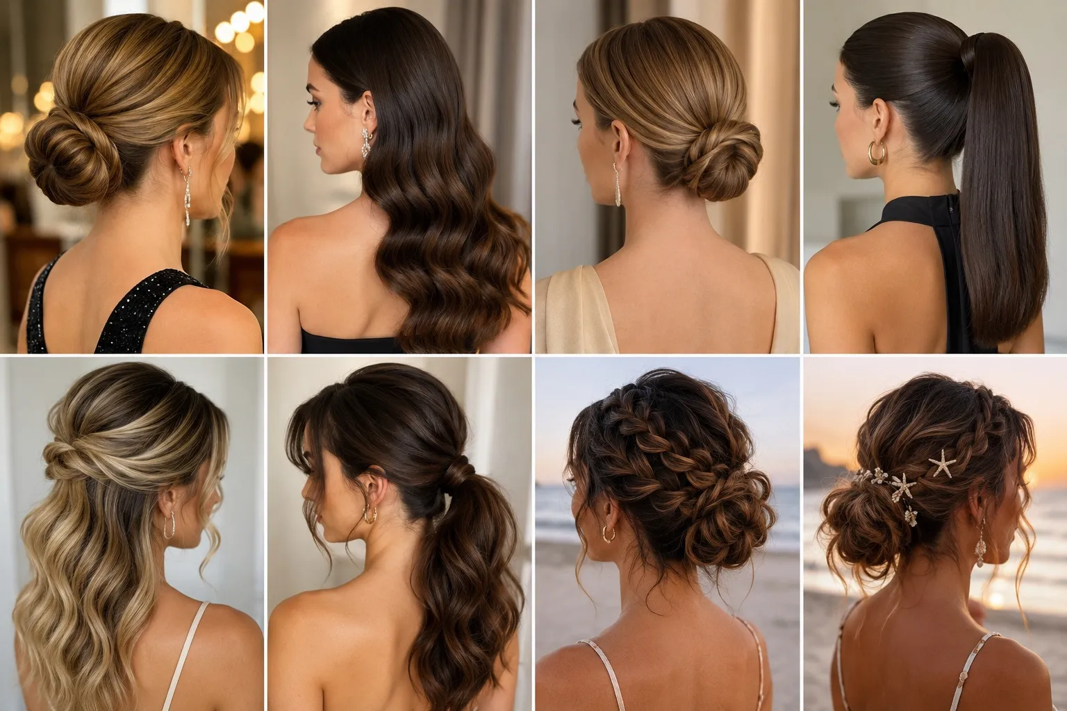 Collage of eight elegant wedding guest hairstyles, including sleek buns, Hollywood waves, polished ponytails, half-up waves, braided updos, and relaxed beach hairstyles.