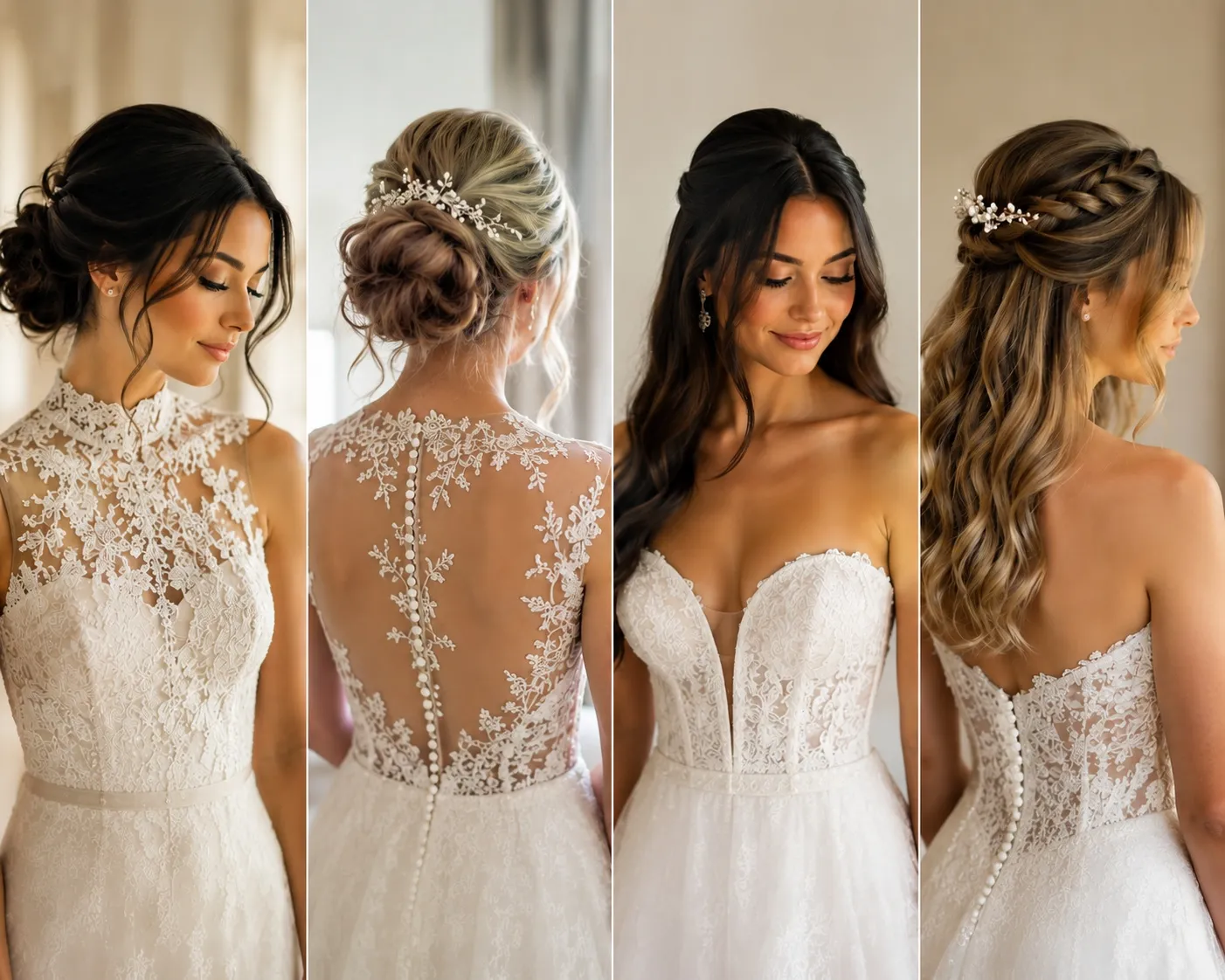 Four-frame grid collage displaying modern bridal hairstyles, including a side-pinned low updo with face-framing pieces, a textured low chignon with a silver floral vine hairpiece, and romantic half-up wavy hairstyles worn with elegant lace bridal gowns.