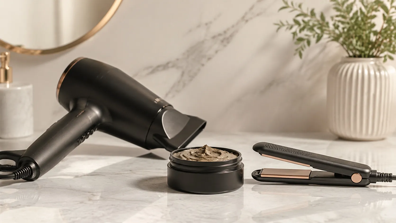 A hair dryer with concentrator nozzle, matte hair clay product, and mini flat iron arranged on a marble surface for short hair styling.
