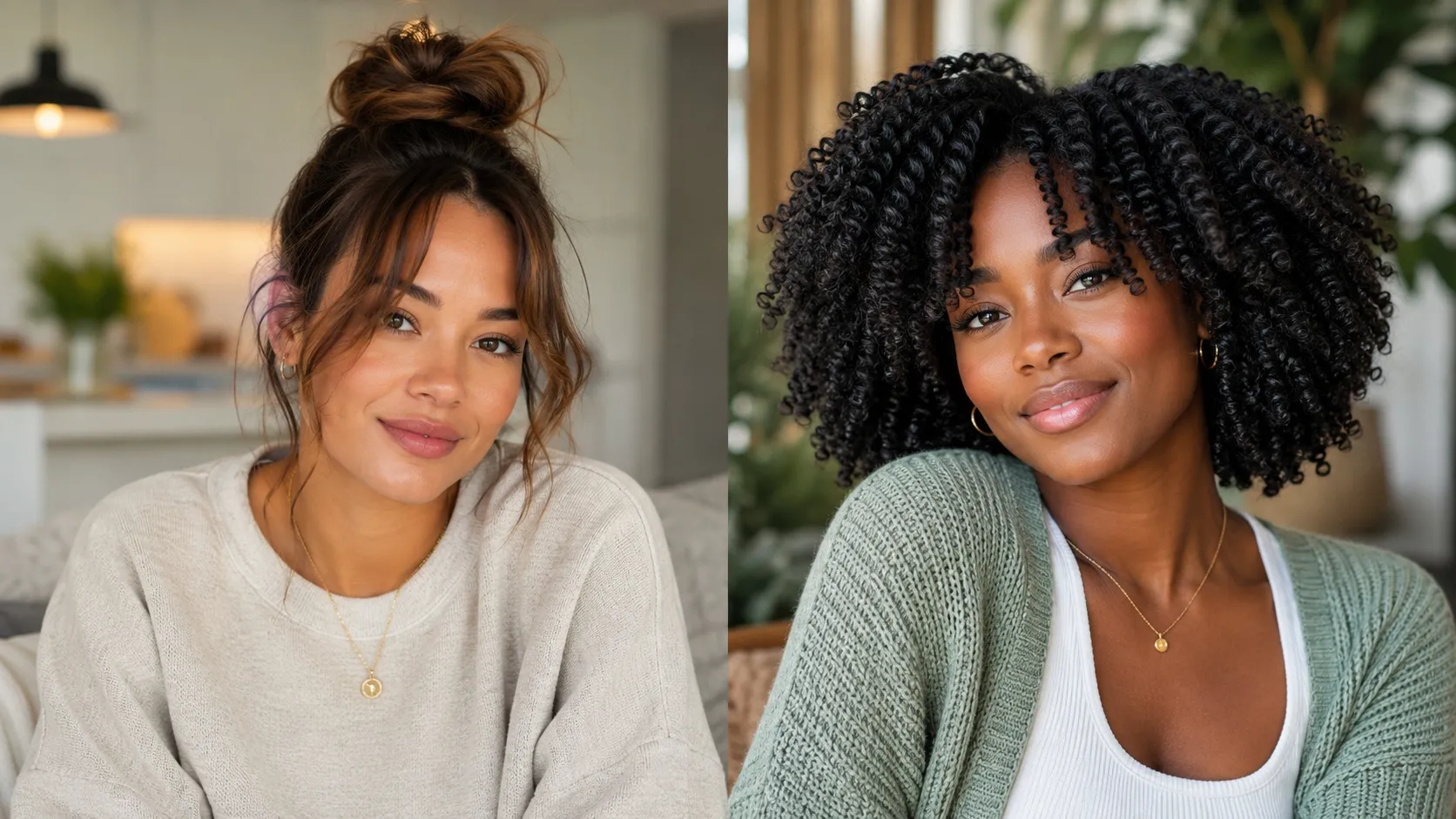 Two women wearing stylish everyday hairstyles: one with a relaxed messy top knot and face-framing strands, and the other with a voluminous, defined natural twist-out.