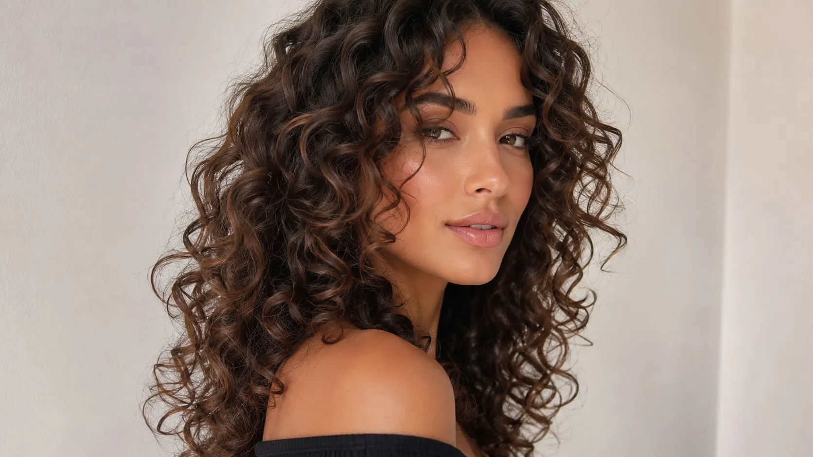A woman with long, voluminous curly hair featuring soft face-framing layers around the cheekbones and jawline, creating an elegant and flattering hairstyle with defined natural curls.