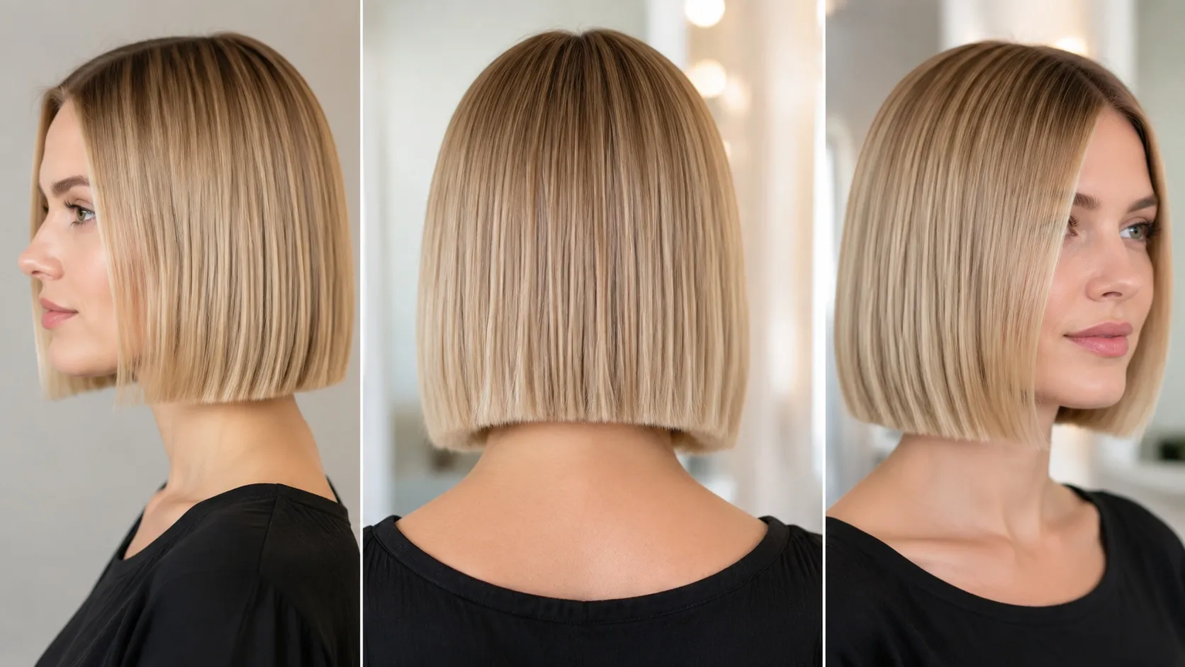 Woman with fine hair styled in a sleek blunt bob haircut with straight, full ends creating the appearance of thicker and denser hair.