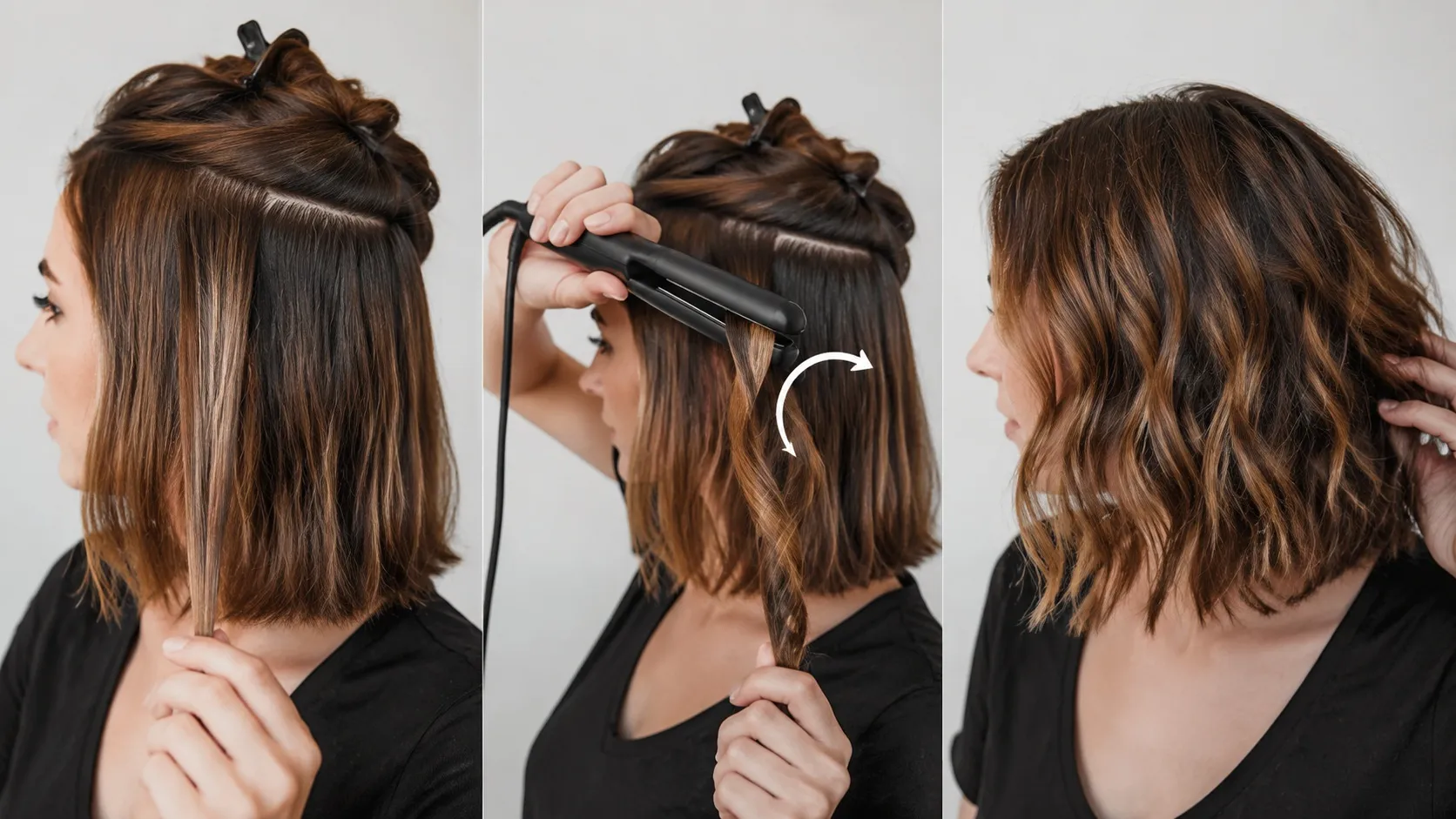 Woman creating a soft flat iron wave hairstyle on short bob hair using a flat iron for effortless beachy texture