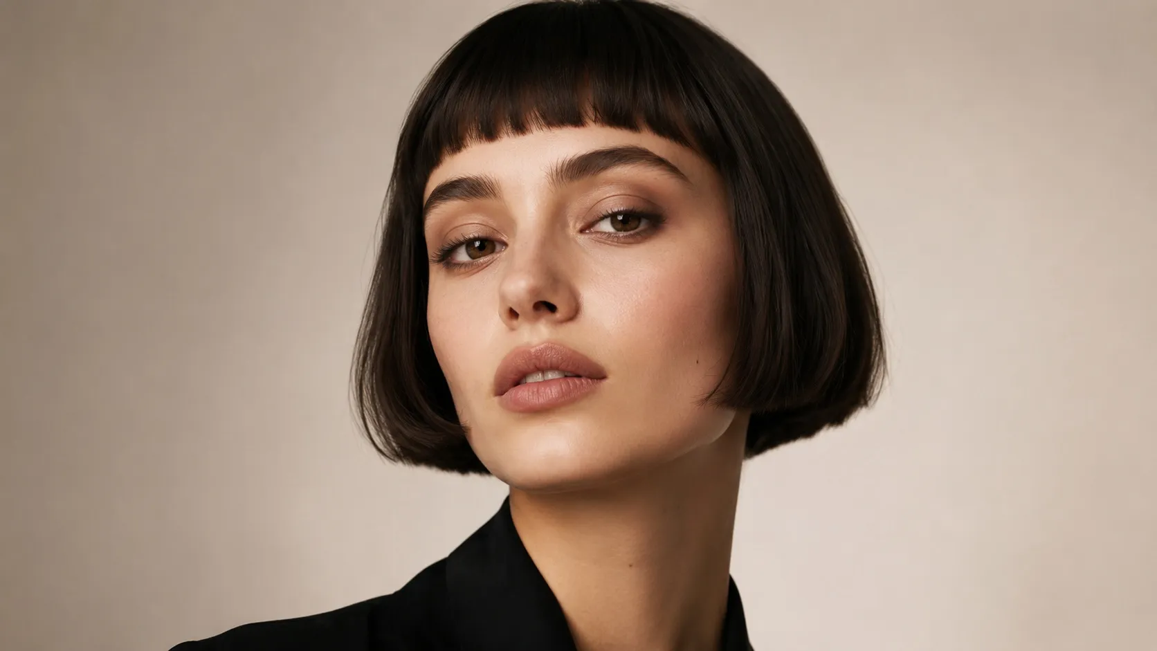 Close-up portrait of a woman with a sleek, cheekbone-length French bob and short blunt micro bangs against a soft beige background.