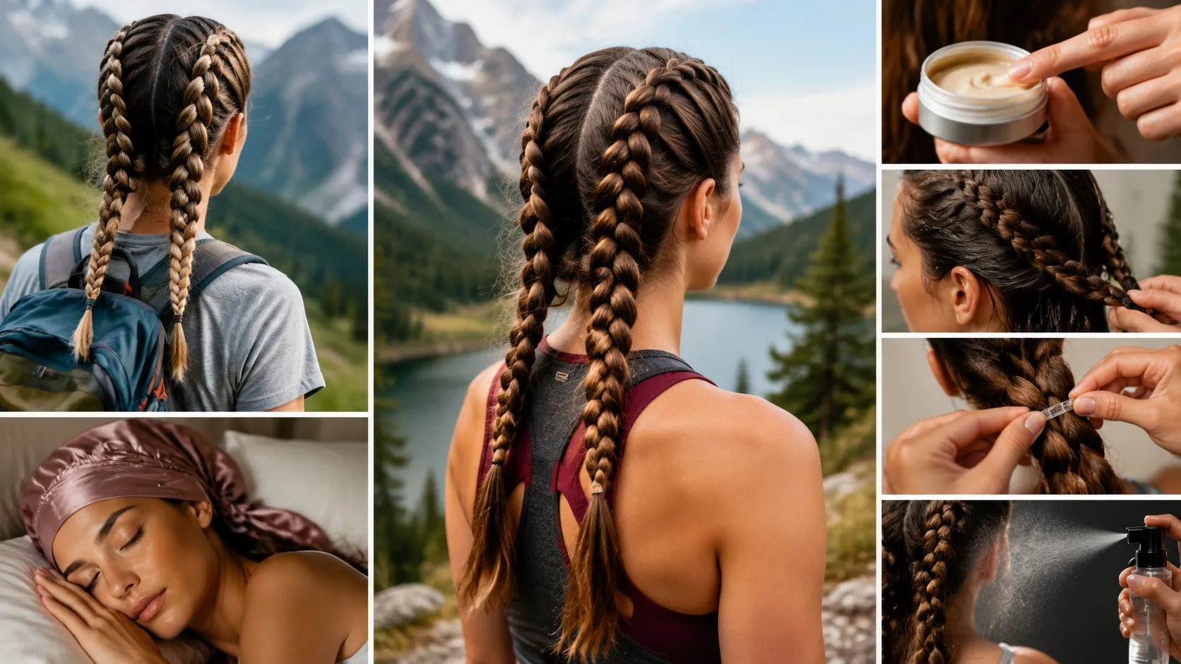 Woman wearing secure double French Dutch braids while hiking outdoors, showing a practical and stylish hairstyle for active days and adventures.