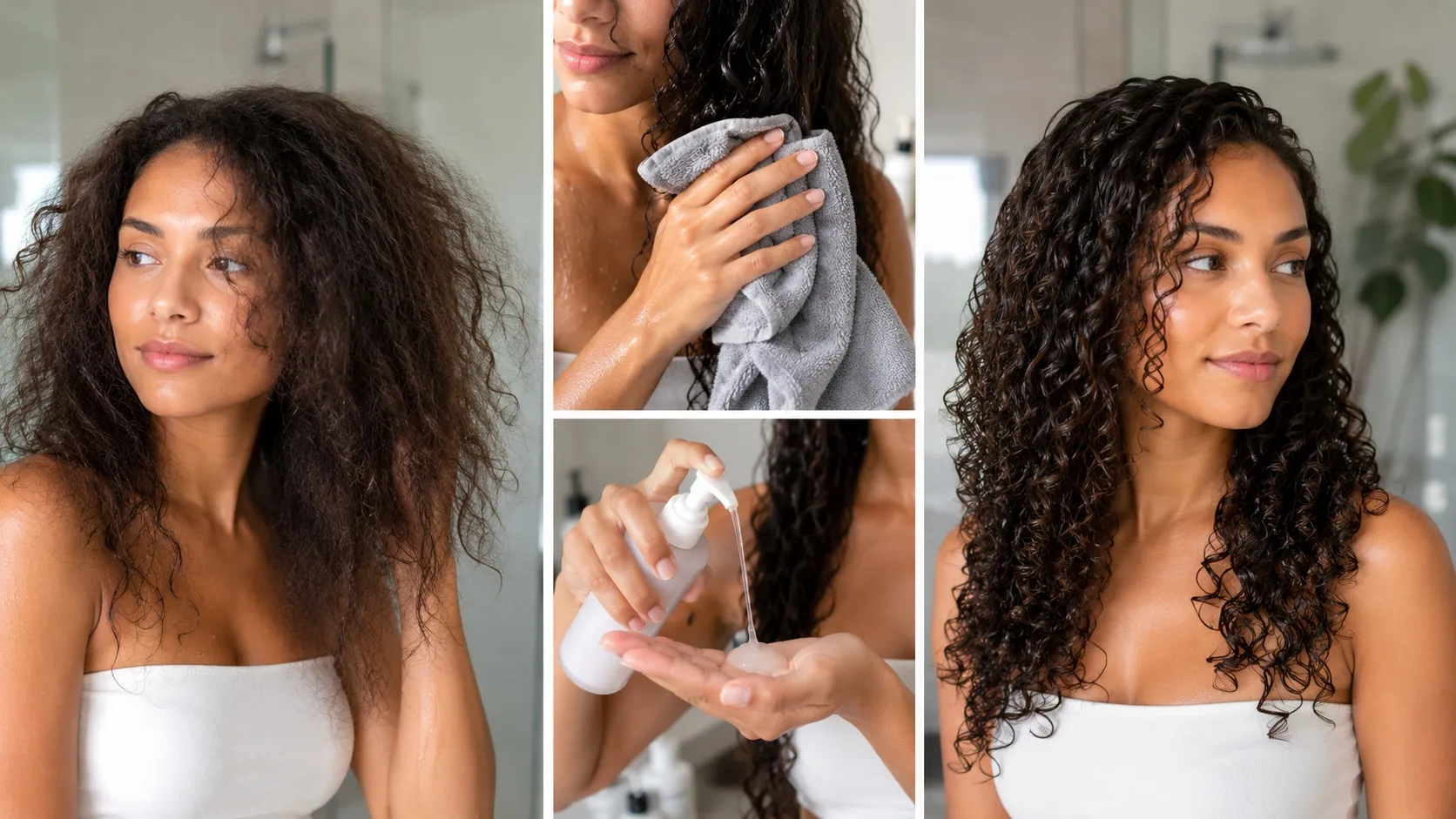 A woman with curly hair demonstrates a frizz-control routine using a microfiber towel and styling product, showing the transformation from puffy curls to smooth, defined curls.