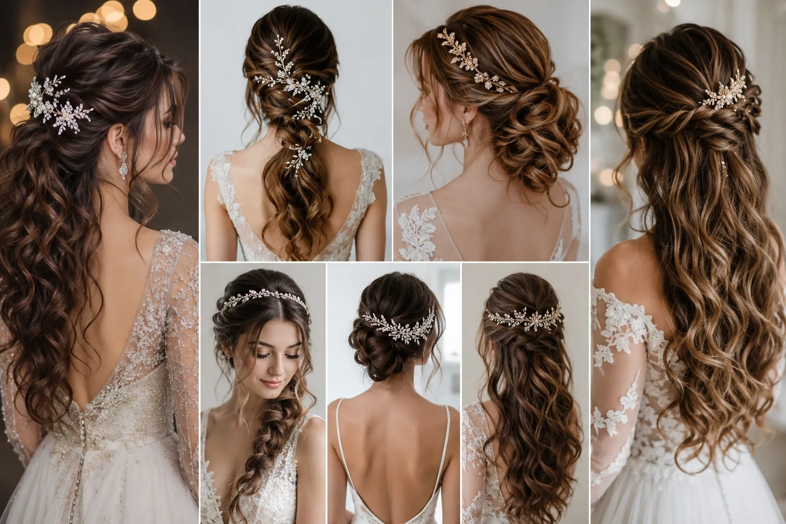 : A stunning gallery showcasing various elegant wedding hairstyles, from romantic cascading half-up waves and loose textured updos to intricate braids, all beautifully styled with sparkling crystal, silver, and gold leaf hairpieces.