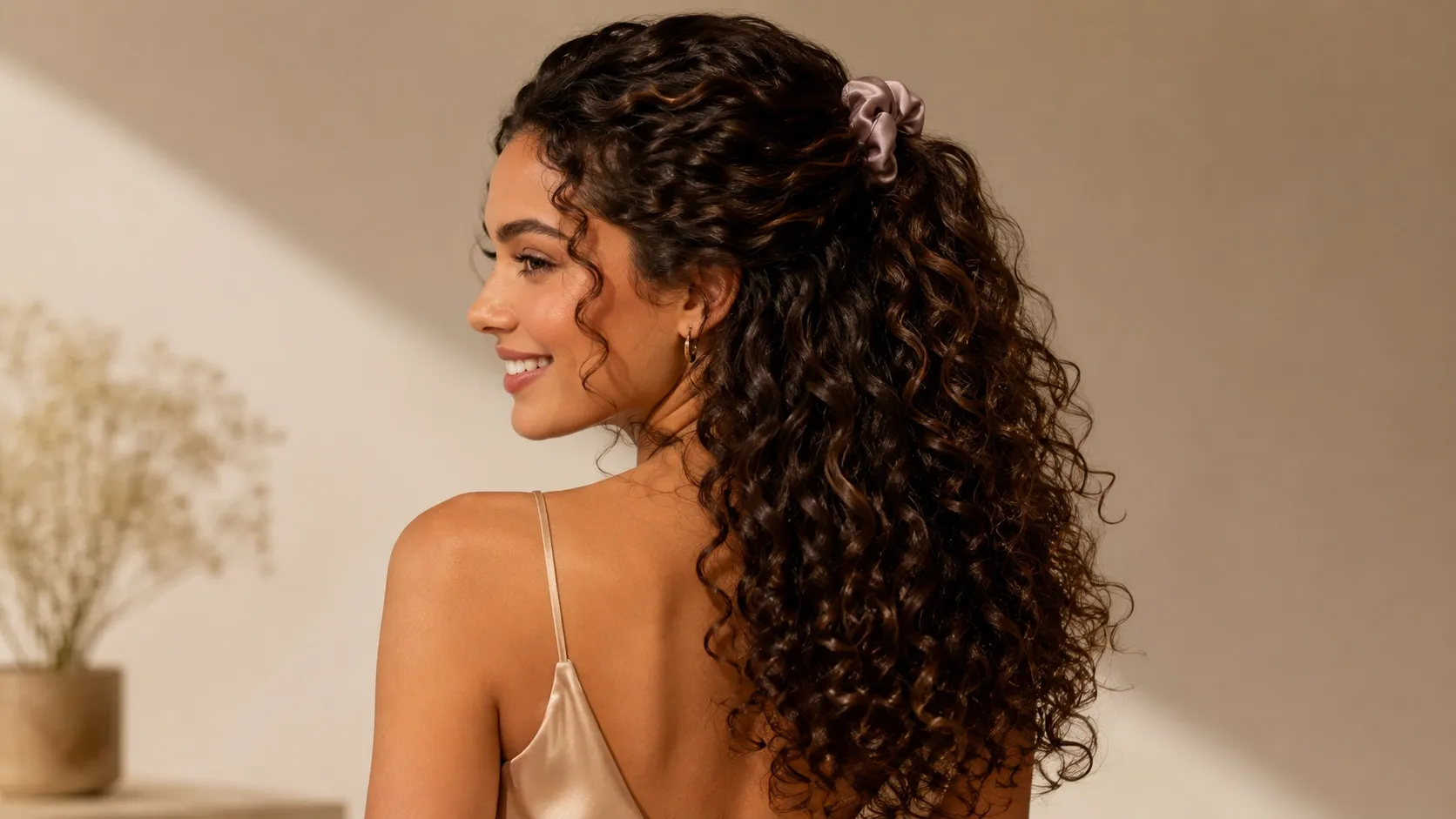 A woman with long dark curly hair styled in a half-up hairstyle secured with a soft scrunchie, showing defined curls, volume, and length from a back three-quarter view.