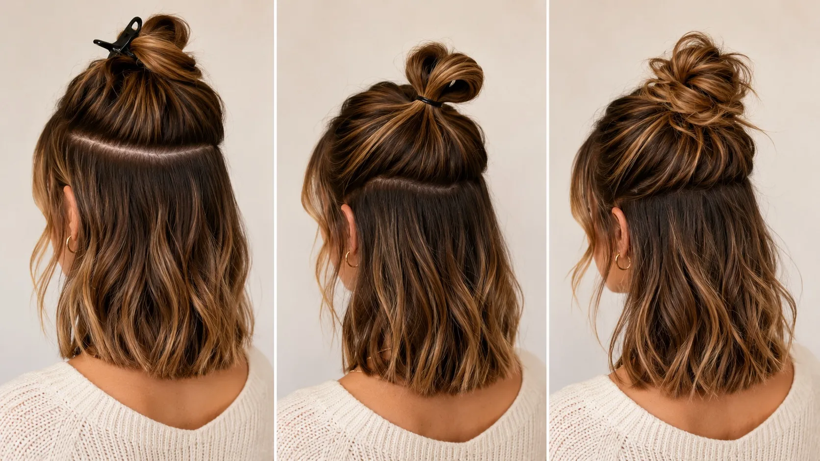 Three-step hairstyle tutorial showing medium-length hair being sectioned, tied into a small loop bun, and styled into a messy half-up top knot.