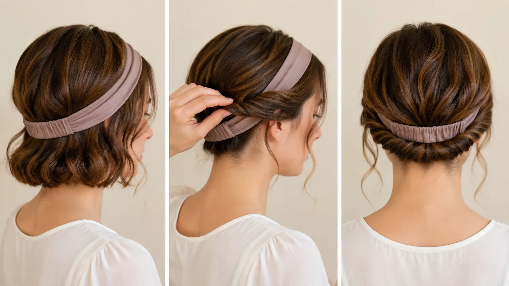 Woman demonstrating an elegant headband tuck updo hairstyle with short hair, showing the process of tucking hair into an elastic headband for a vintage-inspired look.