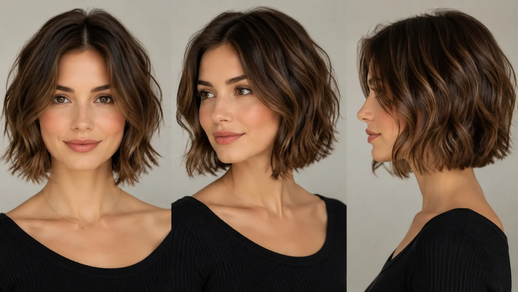 A woman with a heart-shaped face wearing a textured chin-length wavy bob hairstyle that adds volume around the jawline and balances facial proportions.