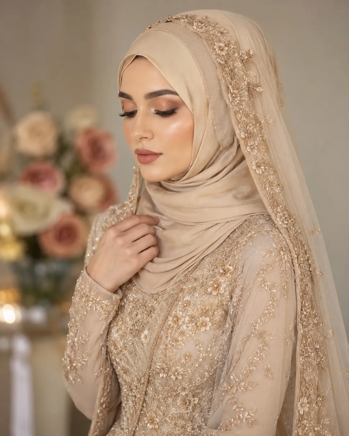 Elegant bride wearing a beige hijab with a delicately embroidered bridal veil and modest wedding dress in a softly lit portrait.