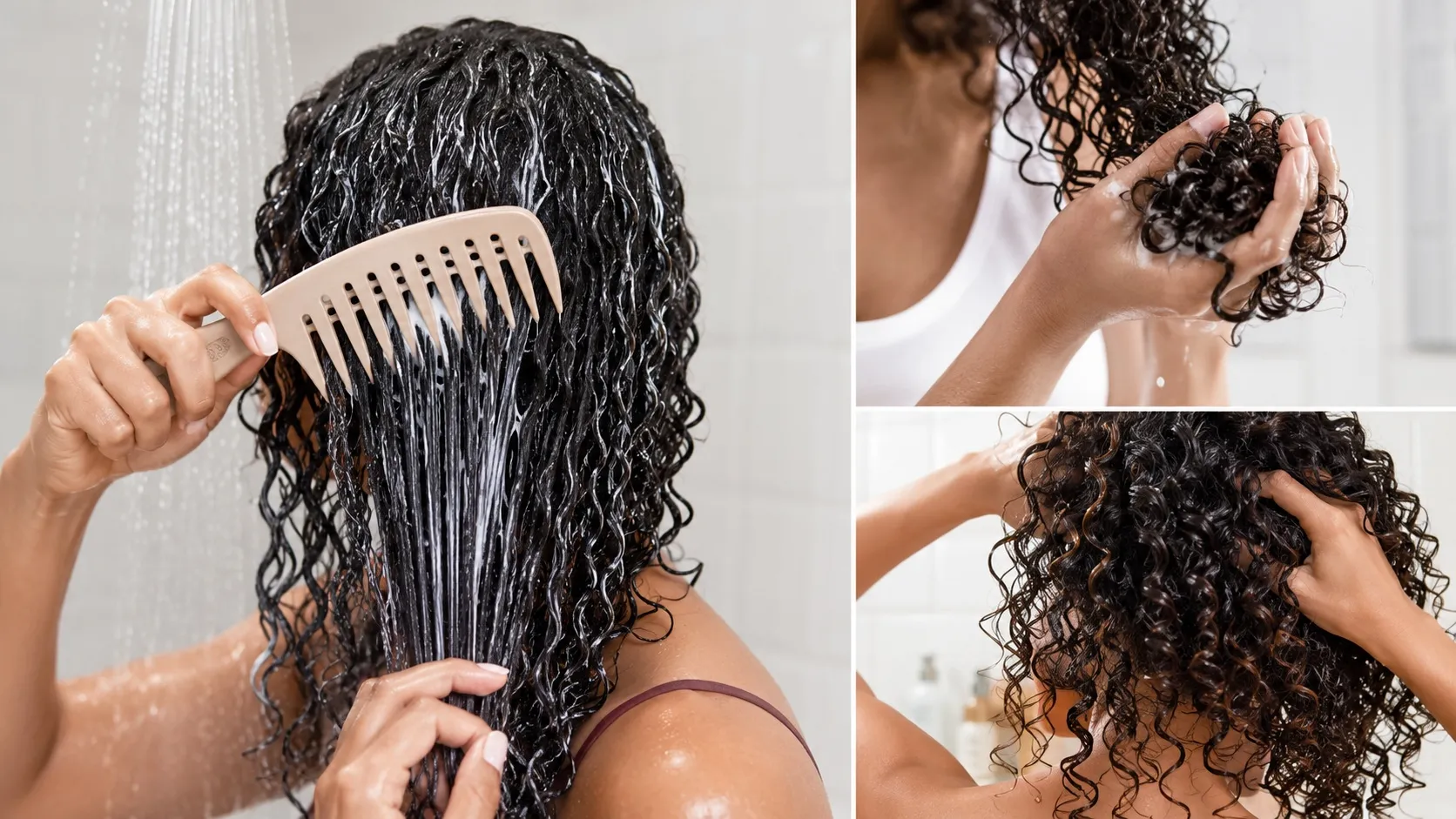A woman detangling wet, conditioned curly hair with a wide-tooth comb and scrunching the curls upward to create smooth, defined curl clumps.