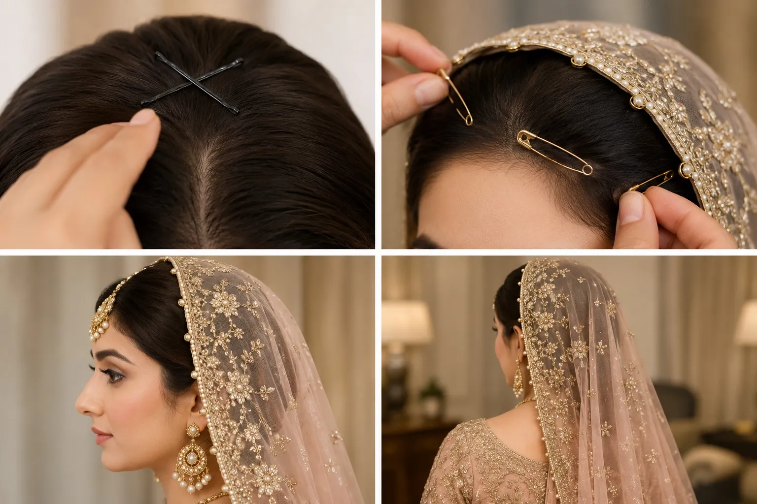 A four-panel collage showing a South Asian bride securing her dupatta with crisscrossed bobby pins and evenly spaced safety pins, followed by the finished drape from the front and back.
