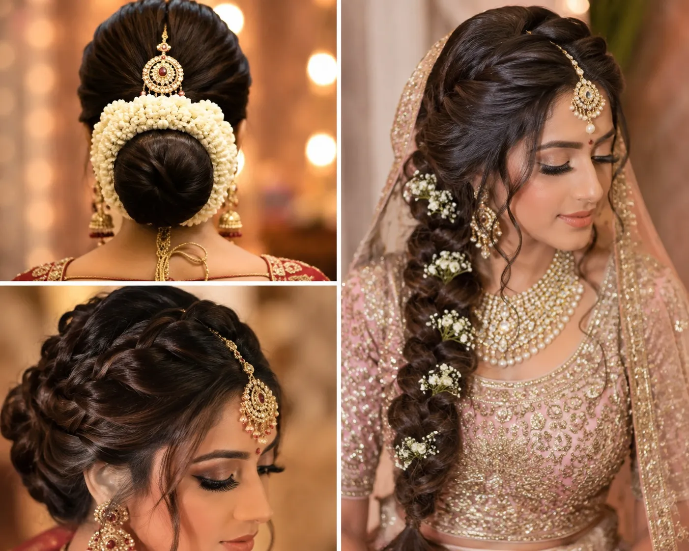 Collage featuring three elegant Indian bridal hairstyles, including a classic low juda with jasmine gajra, a textured bridal bun with traditional jewelry, and a voluminous side braid styled with a maang tikka and floral accents.