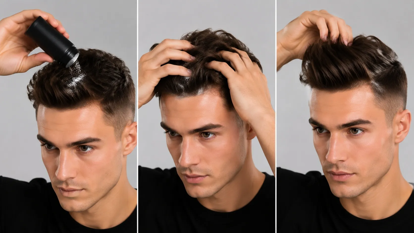 A young man demonstrating the instant volumized quiff hairstyle process, showing hair powder application, root activation, and lifting the front hair upward for added volume and texture.